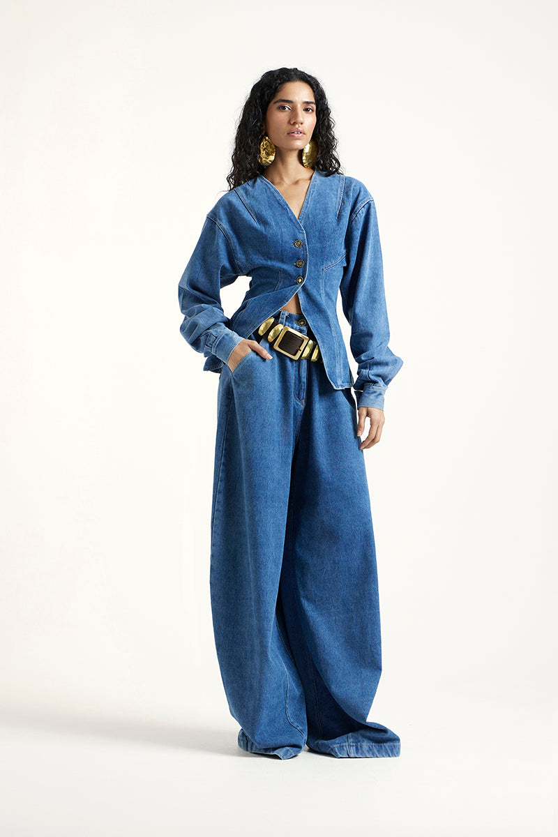 Deme By Gabriella LYNN co-ord in indigo featuring a matching top and pants set with a stylish, casual design.