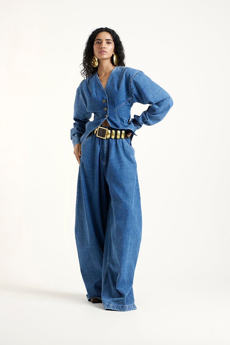 Deme By Gabriella Lynn Co-ord in indigo showing matching top and pants in a stylish, casual design.