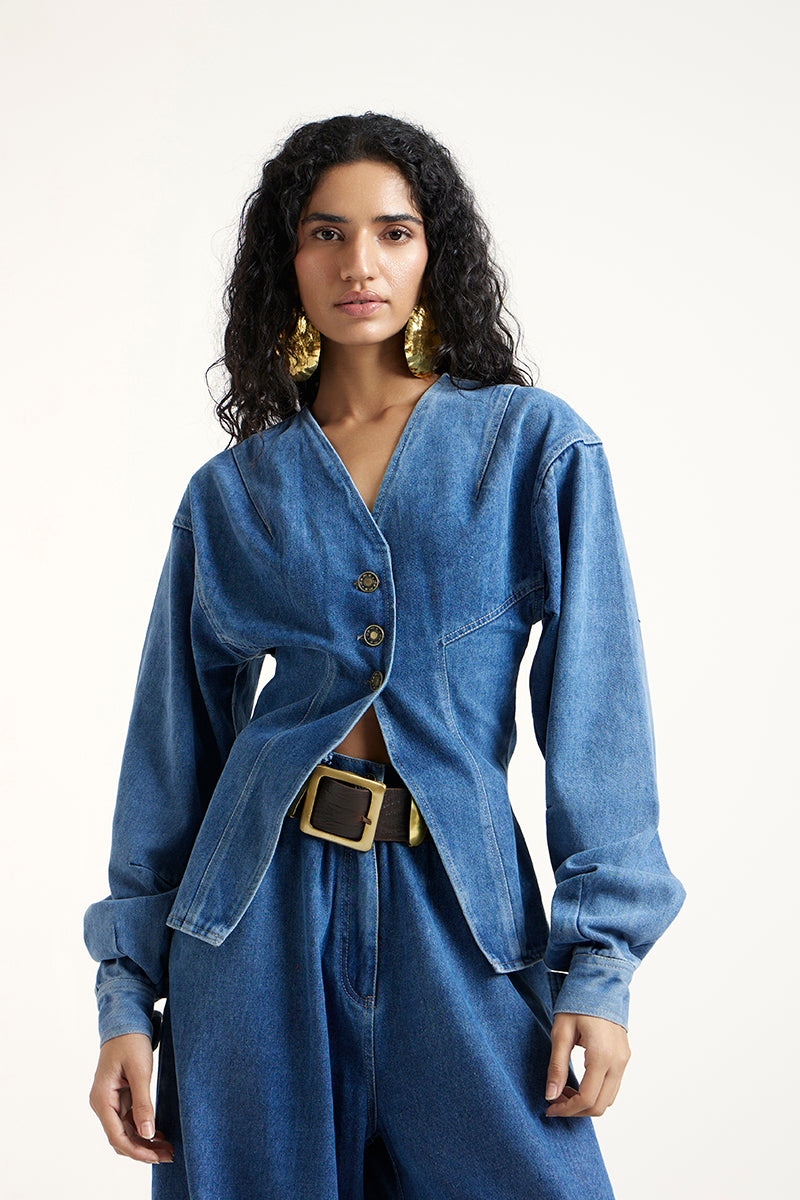 Deme By Gabriella Lynn Indigo Co-ord set featuring a stylish matching top and pants in vibrant indigo color.