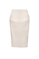 Off-white sculpted midi skirt with pleat details by Kris Marán, showcasing a fitted design and elegant fabric texture.