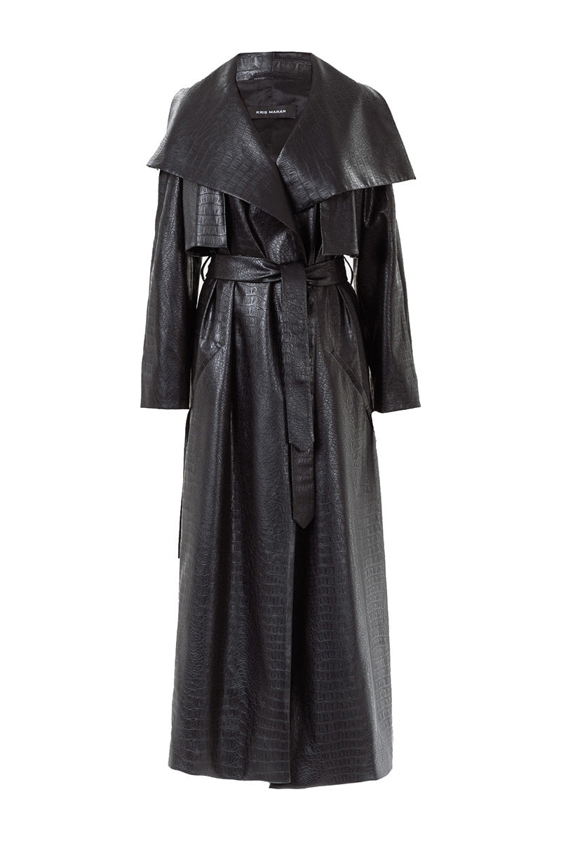 Black crocodile-embossed leather trench coat by Kris Marán, featuring a buckle design and classic tailored fit.