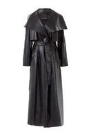 Black croco embossed leather trench coat by Kris Marán with a buckle closure and classic design.