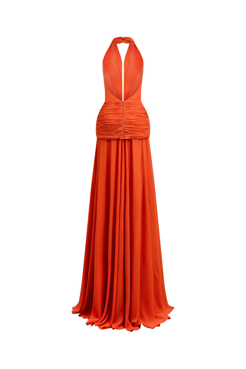 Elegant draped chiffon gown by CEM featuring flowing fabric and a sophisticated silhouette perfect for formal occasions.