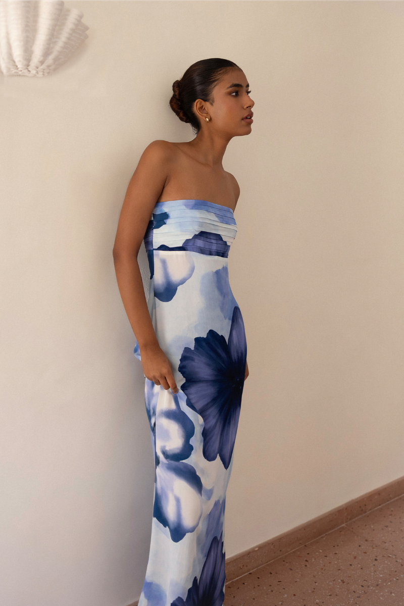 Summer Away COMO Dress in Bloom maxi dress with floral pattern, flowing fabric, and sleeveless design.