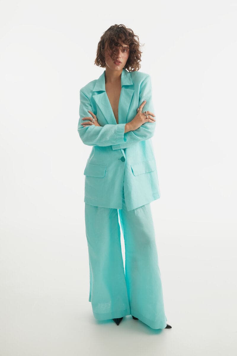 LIGHT TURQUOISE HIGH-RISE WIDE-LEG PANTS - CULT MIA