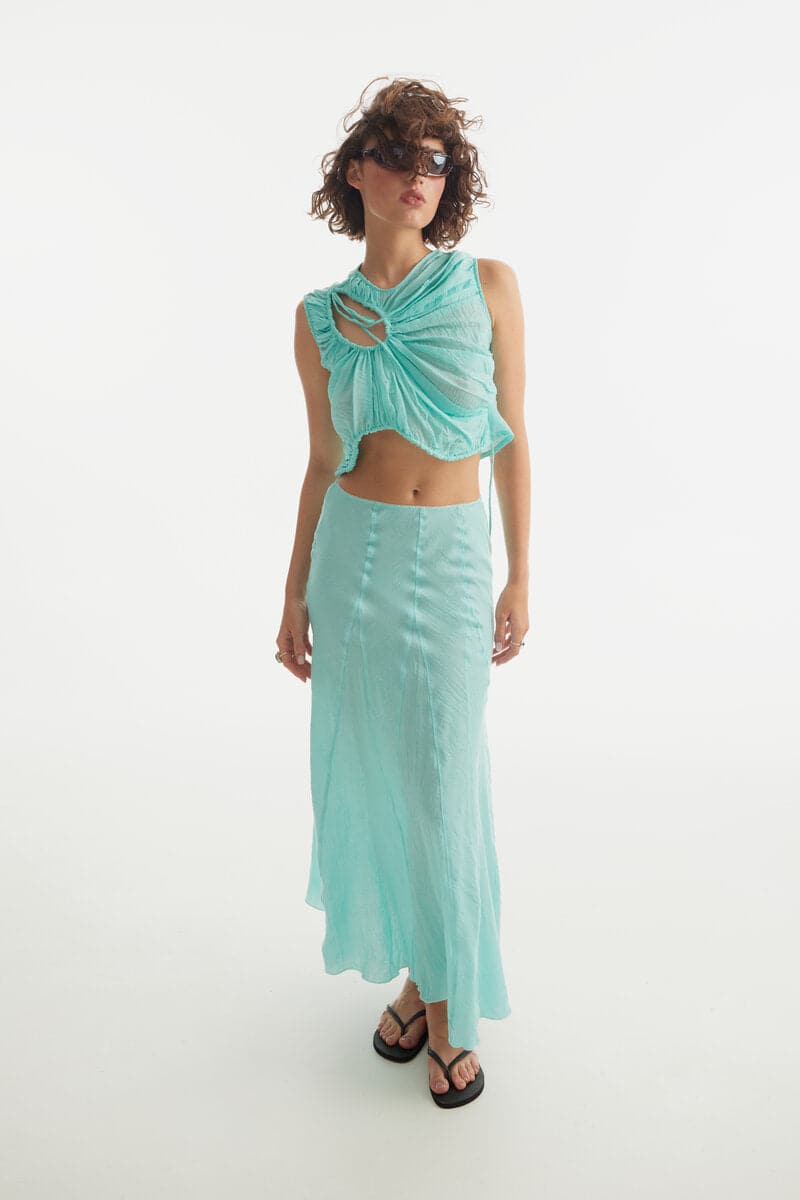 LIGHT TURQUOISE A-LINE LAYERED MAXI SKIRT - CULT MIA