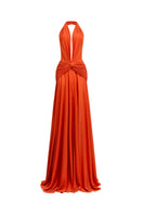 Elegant CEM draped chiffon gown with flowing fabric and intricate details, perfect for formal occasions.