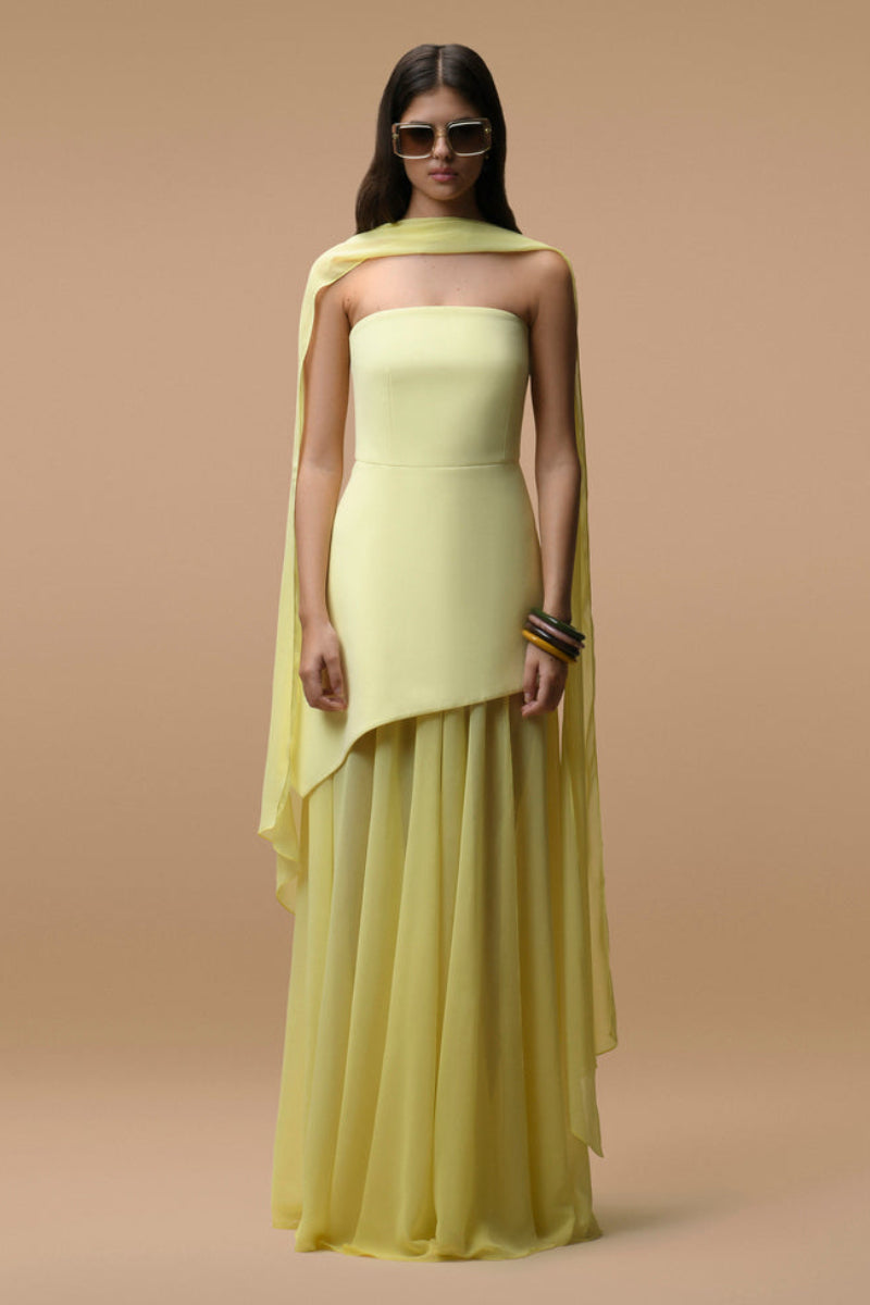 Matters Monaco butter yellow gown with matching scarf, elegant floor-length dress with flowing fabric and stylish design.