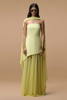 Matters Monaco butter yellow gown with matching scarf, elegant floor-length dress with flowing fabric and stylish design.