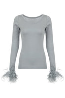 Andreeva grey cashmere knit top with detachable feather cuffs, stylish and cozy women's sweater with elegant details.