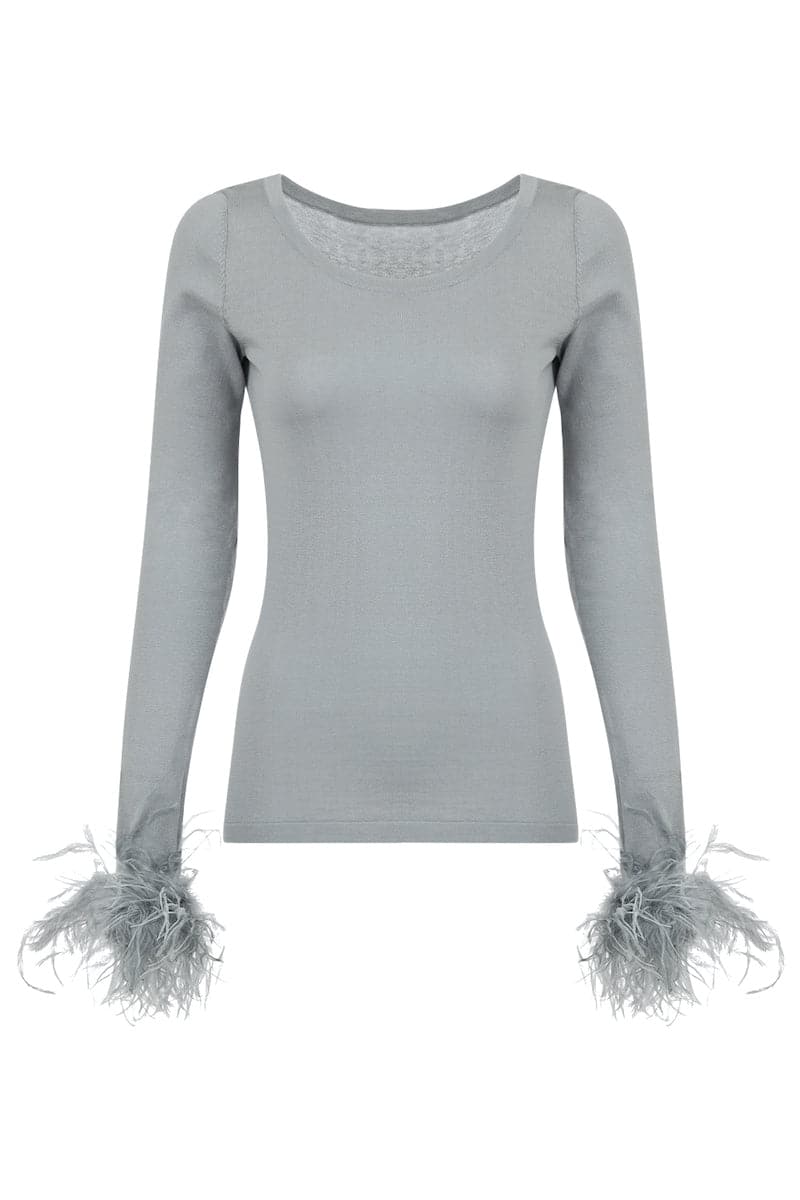 Andreeva grey cashmere knit top with detachable feather cuffs, stylish and cozy women's sweater with elegant details.