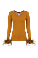 Andreeva camel knit top with detachable feather cuffs, featuring long sleeves and a cozy, stylish design.