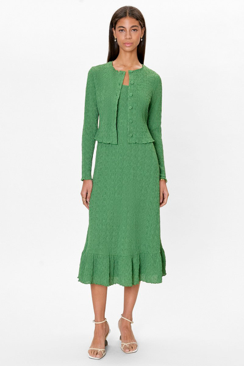 Rebecca Taylor Taryn knit cardigan in forest green, featuring a cozy, textured design and button closure, displayed on a neutral background.
