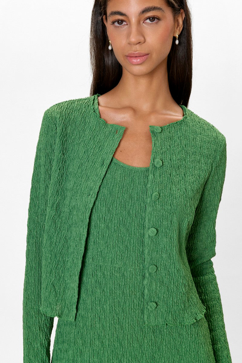 Rebecca Taylor Taryn knit cardigan in forest green, showcasing a cozy, button-up cardigan with ribbed cuffs and a soft knit texture.
