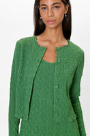 Rebecca Taylor Taryn knit cardigan in forest green, showcasing a cozy, fitted design with a button-front and ribbed cuffs.