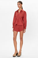 Rebecca Taylor Rachelle pop-over blouse in burnt sienna, featuring lightweight fabric and relaxed fit, styled with long sleeves.