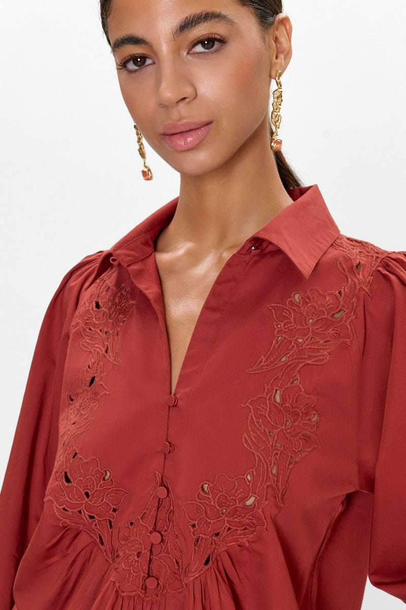 Rebecca Taylor Rachelle pop-over blouse in burnt sienna, featuring a relaxed fit and stylish design.