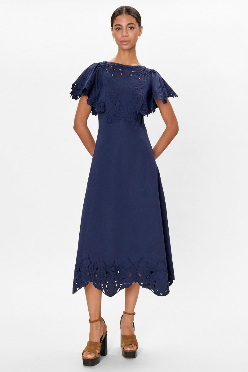 Rebecca Taylor Rachelle Midi Dress in Maritime Blue, featuring a fitted waist and flowing skirt, displayed on a hanger.