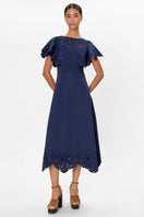 Rebecca Taylor Rachelle Dress in Maritime Blue, a stylish midi dress with a flattering fit and elegant design, displayed on a hanger.