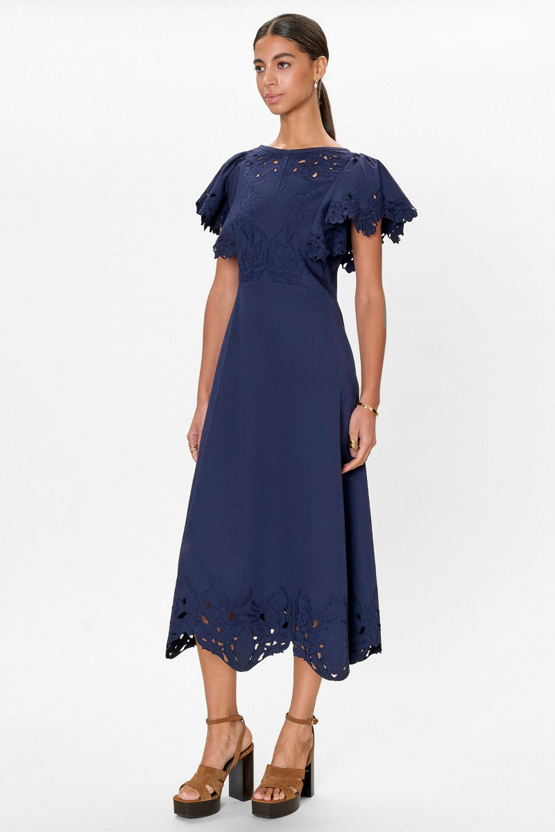 Rebecca Taylor Rachelle Dress in maritime blue, midi dress with a flowy silhouette and elegant neckline, perfect for summer occasions.