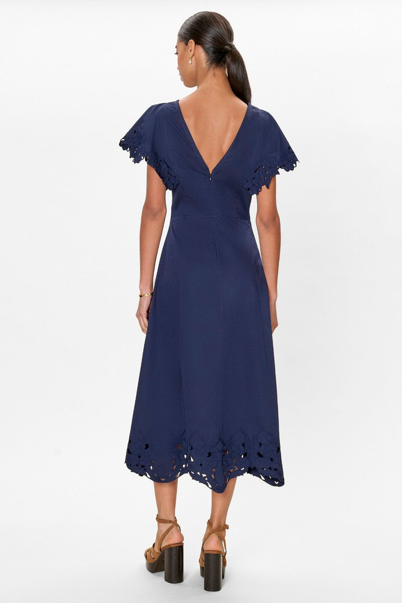 Rebecca Taylor Rachelle midi dress in maritime blue, featuring a stylish, flowy silhouette with subtle detailing.