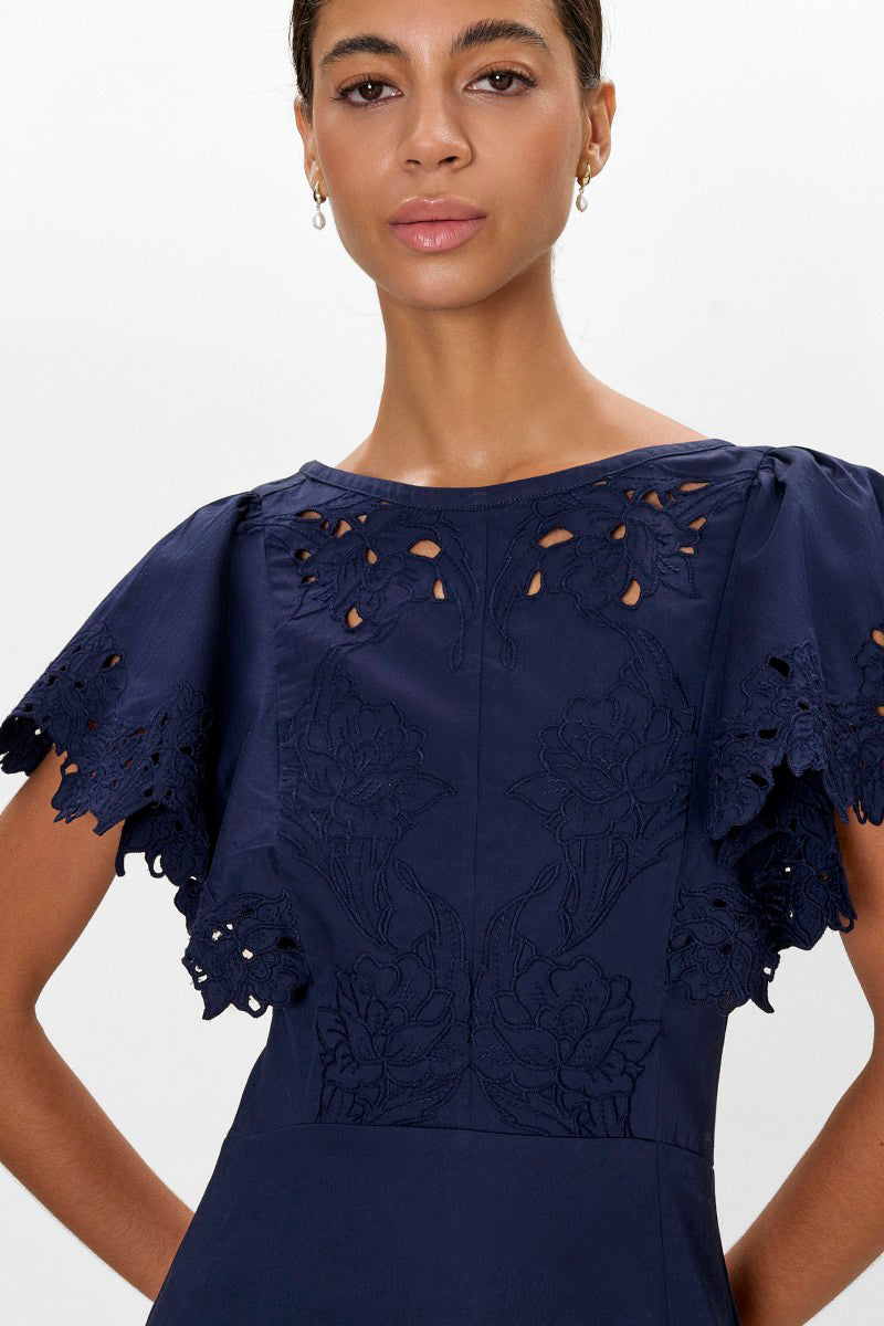 Rebecca Taylor Rachelle dress in maritime blue, midi length with flowing fabric and elegant design, perfect for stylish occasions.