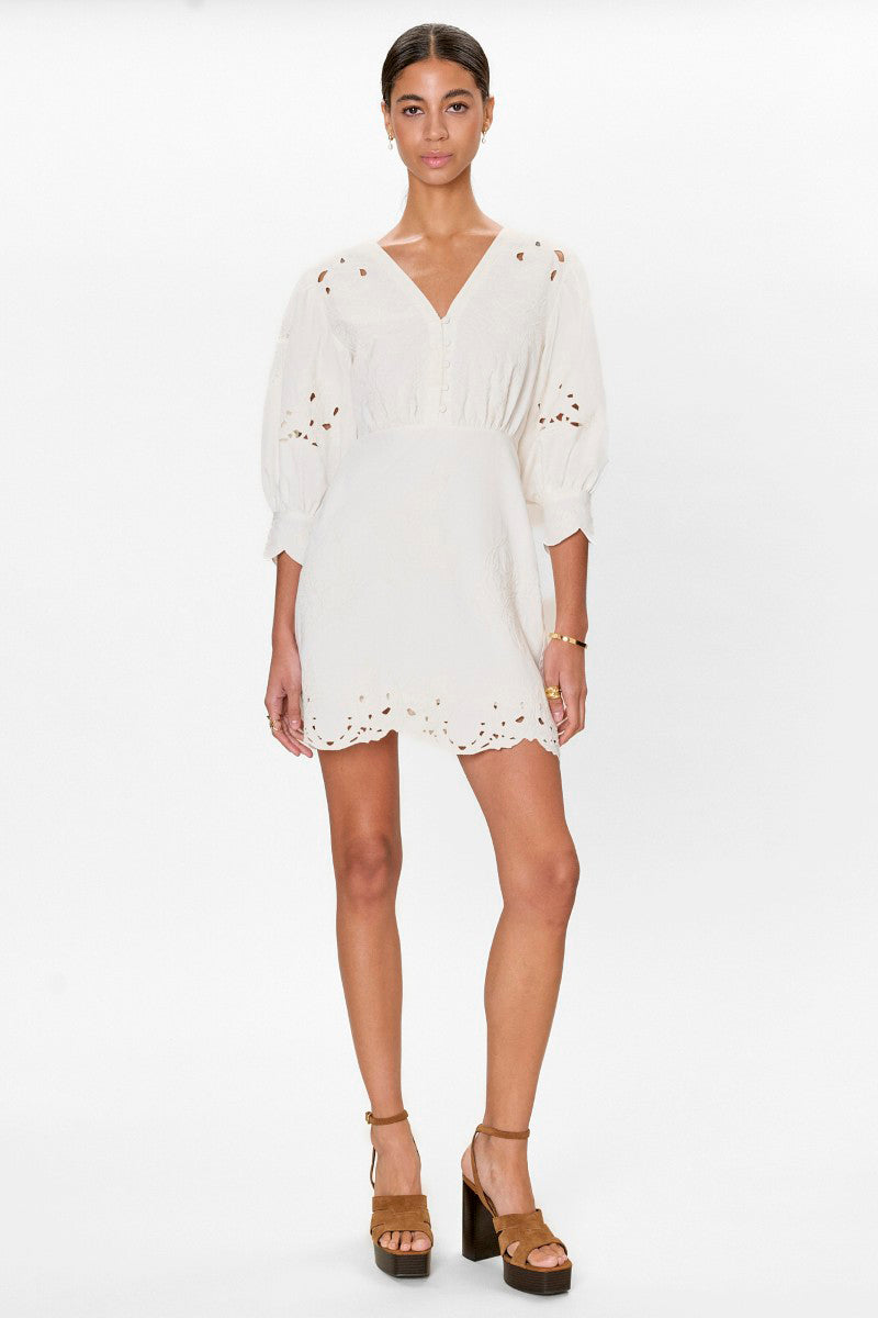 Rebecca Taylor Rachelle button-front mini dress in ivory, featuring a fitted bodice and short sleeves, displayed on a hanger.