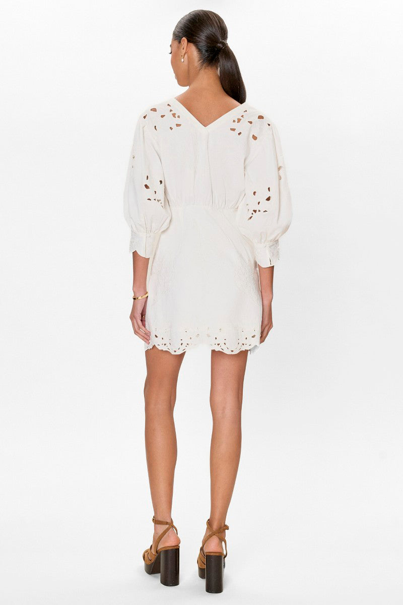 Rebecca Taylor Rachelle button-front mini dress in ivory, featuring a fitted bodice and short sleeves, displayed on a hanger.