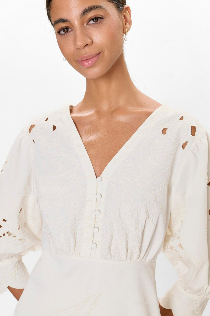 Rebecca Taylor Rachelle button front ivory mini dress with a fitted waist and short sleeves, styled for a casual or semi-formal look.