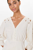 Rebecca Taylor Rachelle button front ivory mini dress displayed on a hanger with detailed fabric and classic silhouette.