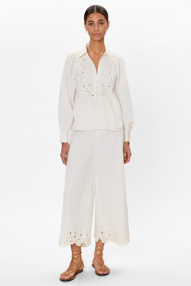 Rebecca Taylor Rachelle pop-over blouse in ivory, featuring lightweight fabric and relaxed fit, shown on a model.