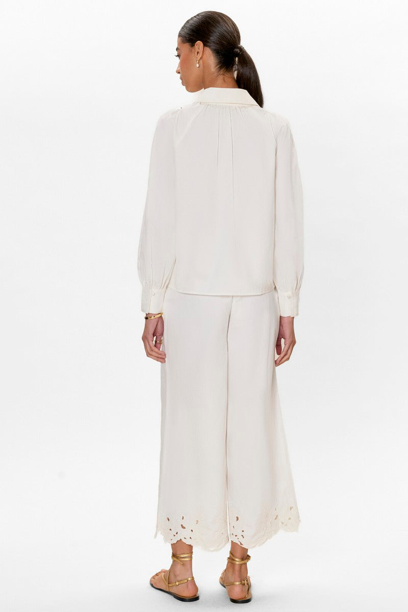 Rebecca Taylor Rachelle Ivory pants, stylish high-waisted trousers with a tailored fit and clean design, shown on a model.