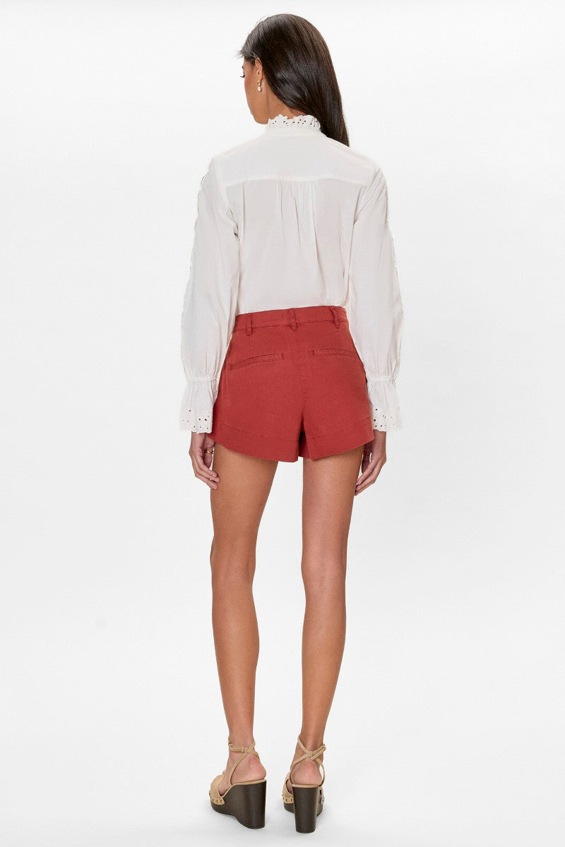 Rebecca Taylor Remi garment dyed shorts in burnt sienna, showing a close-up of the soft fabric and relaxed fit.
