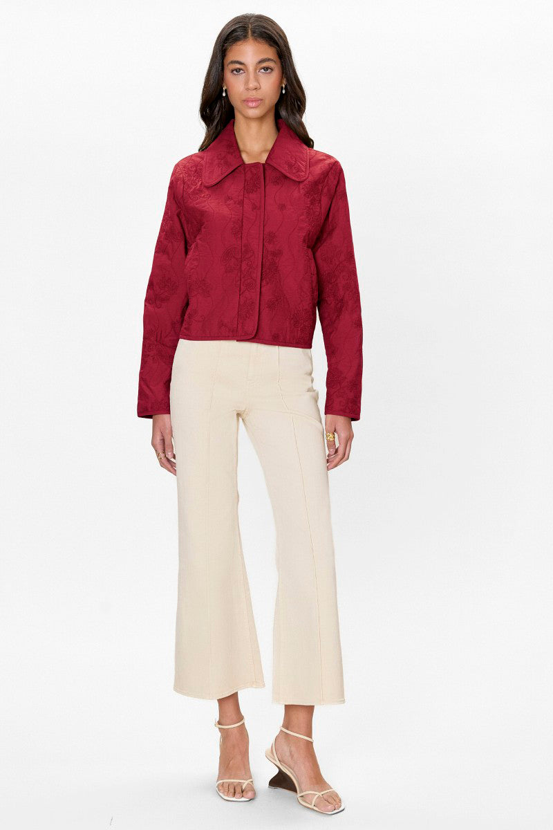 Rebecca Taylor ZURI quilted jacket in dark berry, showcasing its quilted pattern and stylish design.