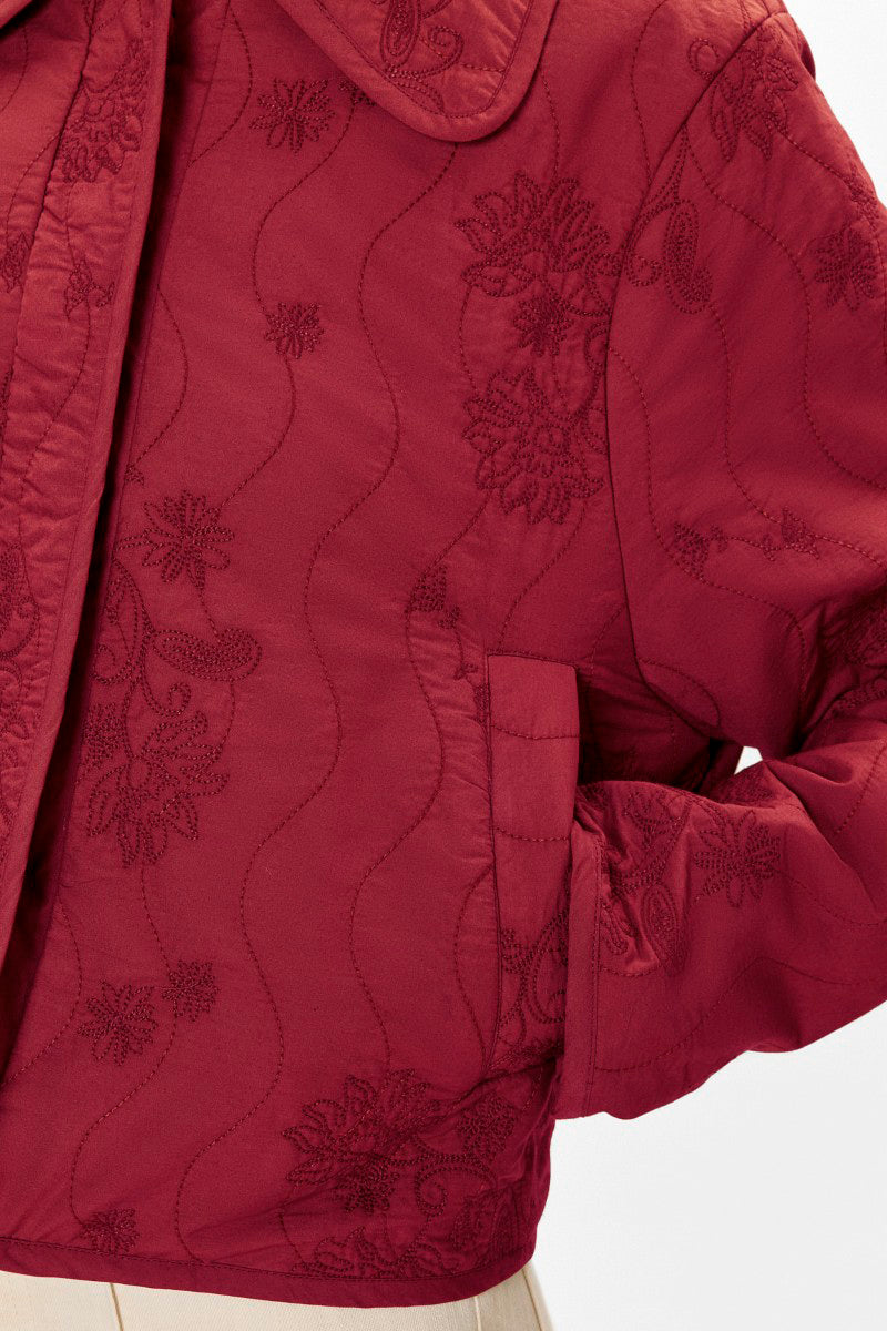 Rebecca Taylor Zuri quilted jacket in dark berry color, featuring a stylish quilted design and premium fabric.
