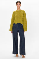 Rebecca Taylor pear green knit cardigan, lightweight top with long sleeves and ribbed cuffs, casual and cozy style.