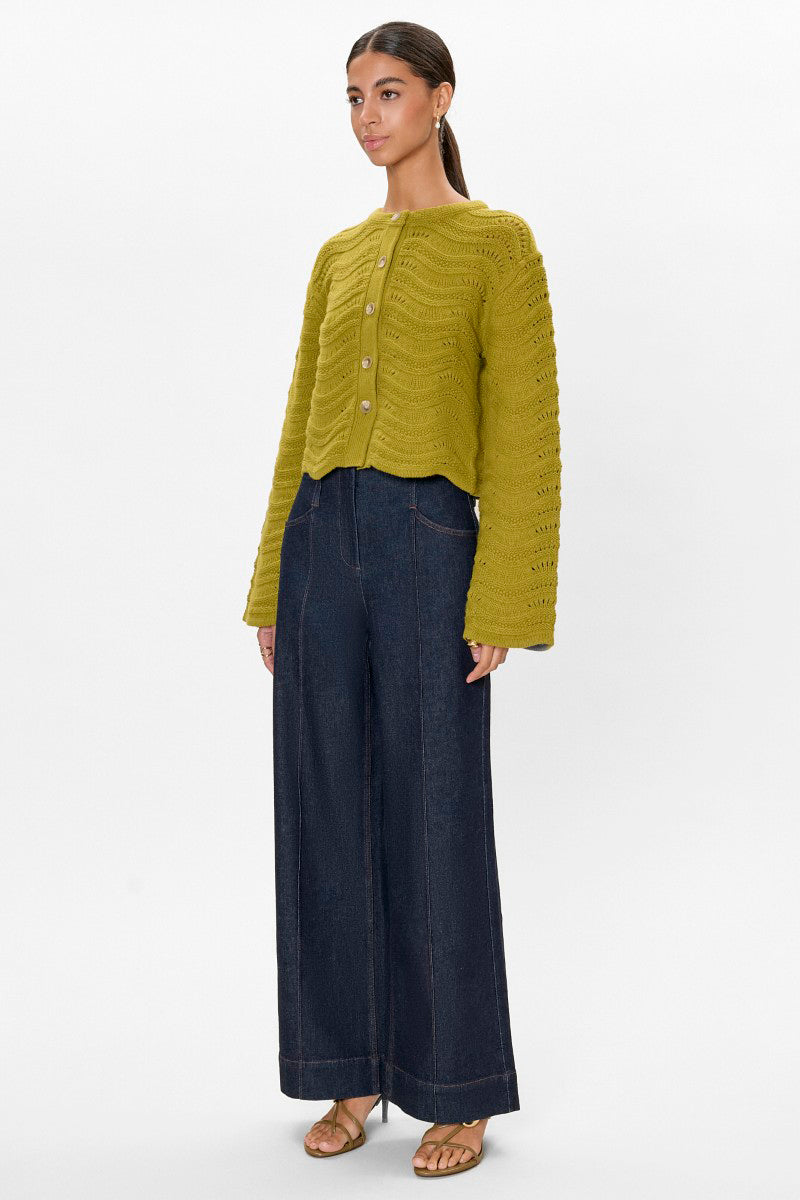 Rebecca Taylor pearl green knit cardigan, women's tops, with a cozy fit and textured knit pattern, displayed flat.