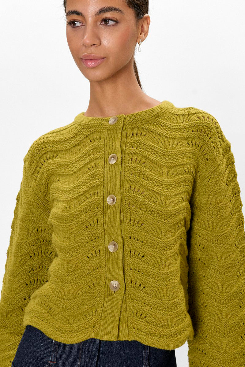 Rebecca Taylor pear green knit cardigan, a cozy women's top with a textured knit pattern and button front.