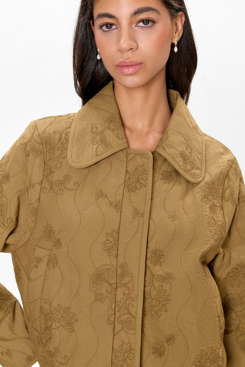 Rebecca Taylor Zuri quilted jacket in leaf green with a quilted pattern and zip closure, stylish and lightweight for cooler days.