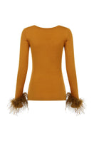 Andreeva camel knit top featuring a fitted design with stylish detachable feather cuffs, perfect for a sophisticated look