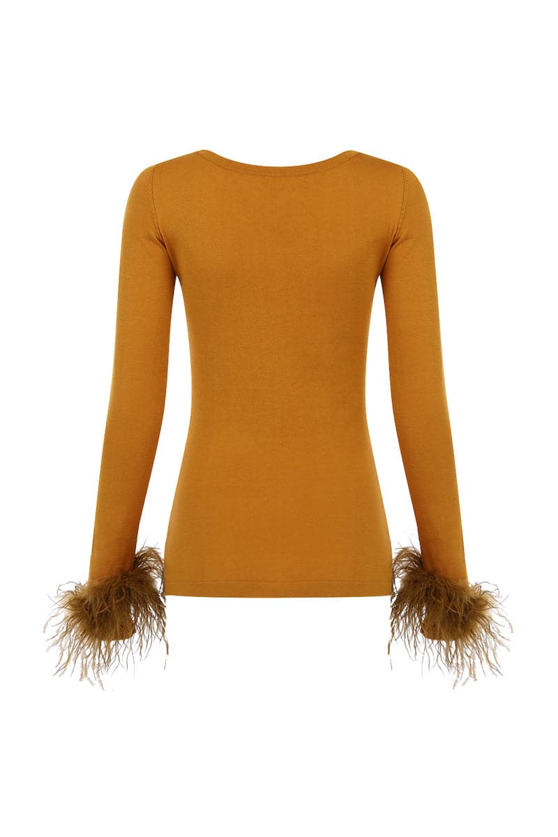 Andreeva camel knit top featuring a fitted design with stylish detachable feather cuffs, perfect for a sophisticated look