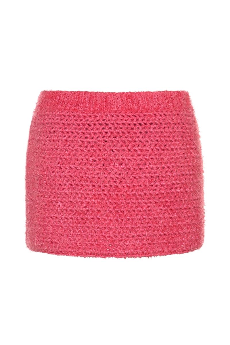 Lalo Thalia pink mini skirt with a fitted waistband and stylish hem, shown on a mannequin. Perfect for casual or dressy outfits.