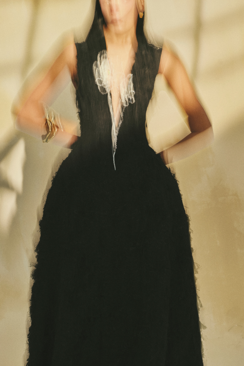 L'SCARLETT sleeveless fringe jacquard V-neck flared gown with intricate pattern, flowing silhouette, and elegant design.
