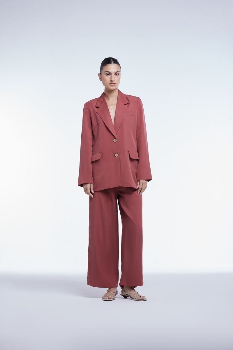 Relaxed single-breasted blazer by Dāl the Label, shown in a neutral fabric with a tailored fit and classic lapel design.