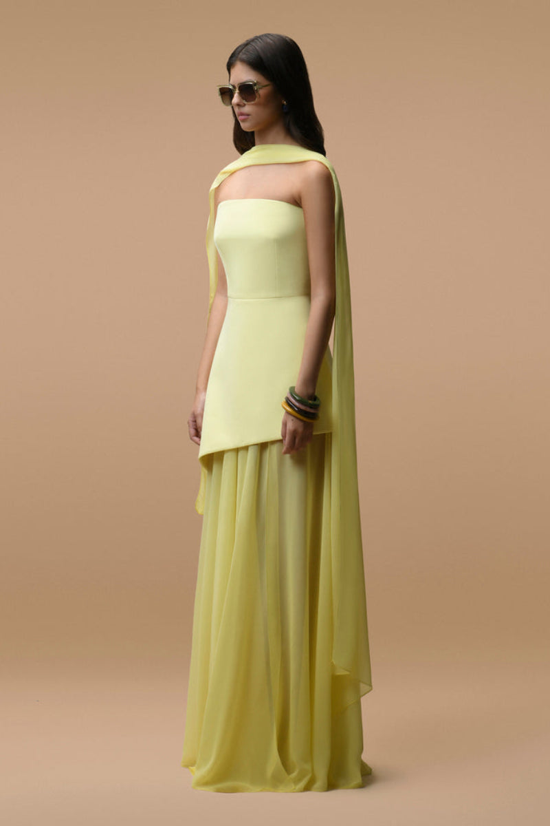 Matters Monaco butter yellow gown with matching scarf, elegant long dress with flowing fabric and stylish details.