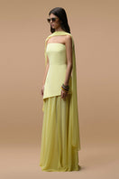 Matters Monaco butter yellow gown with matching scarf, elegant long dress with flowing fabric and stylish details.