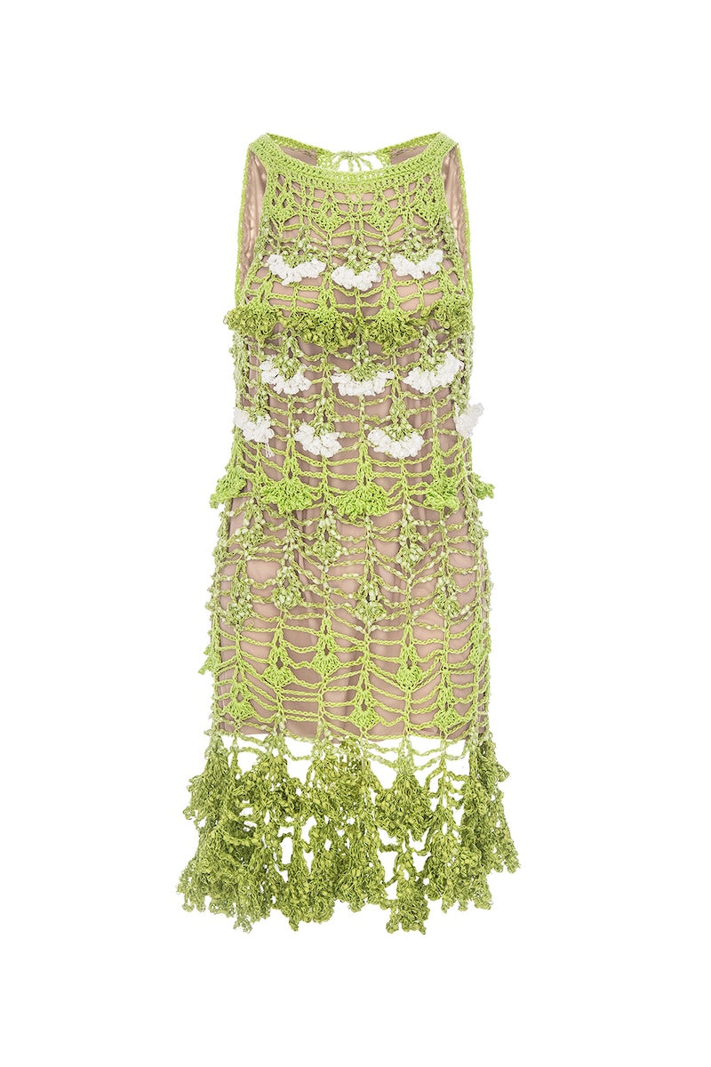 CHRYSANTHEMUM MINI GREEN HANDMADE CROCHET DRESS - CULT MIA