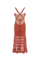 Handmade terracotta crochet chrysanthemum midi dress by Andreeva featuring intricate crochet patterns and a flowing silhouette.