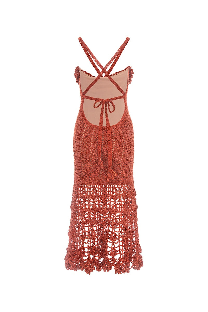 Handmade terracotta crochet chrysanthemum midi dress by Andreeva featuring intricate crochet patterns and a flowing silhouette.