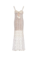 White handmade crochet Chrysanthemum maxi dress by Andreeva featuring intricate floral patterns and a flowing silhouette.